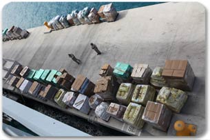 Aerial view of pallets to be distributed in Haiti