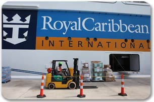 Forklift unloading relief supplies for Royal Caribbean